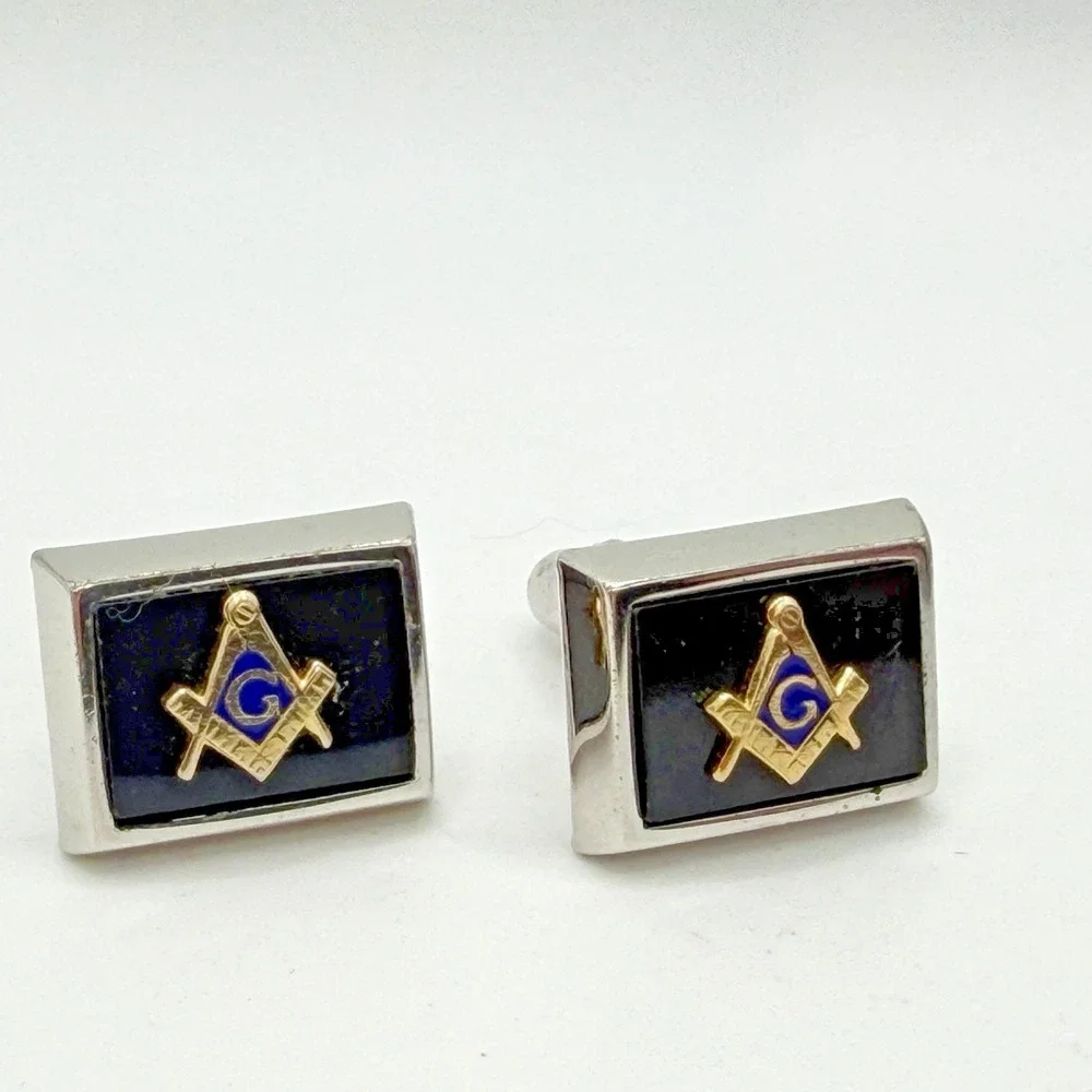 Vintage Freemason Masonic Tie Clip Bar & Cufflink Set 3 Piece Anson Silver Tone